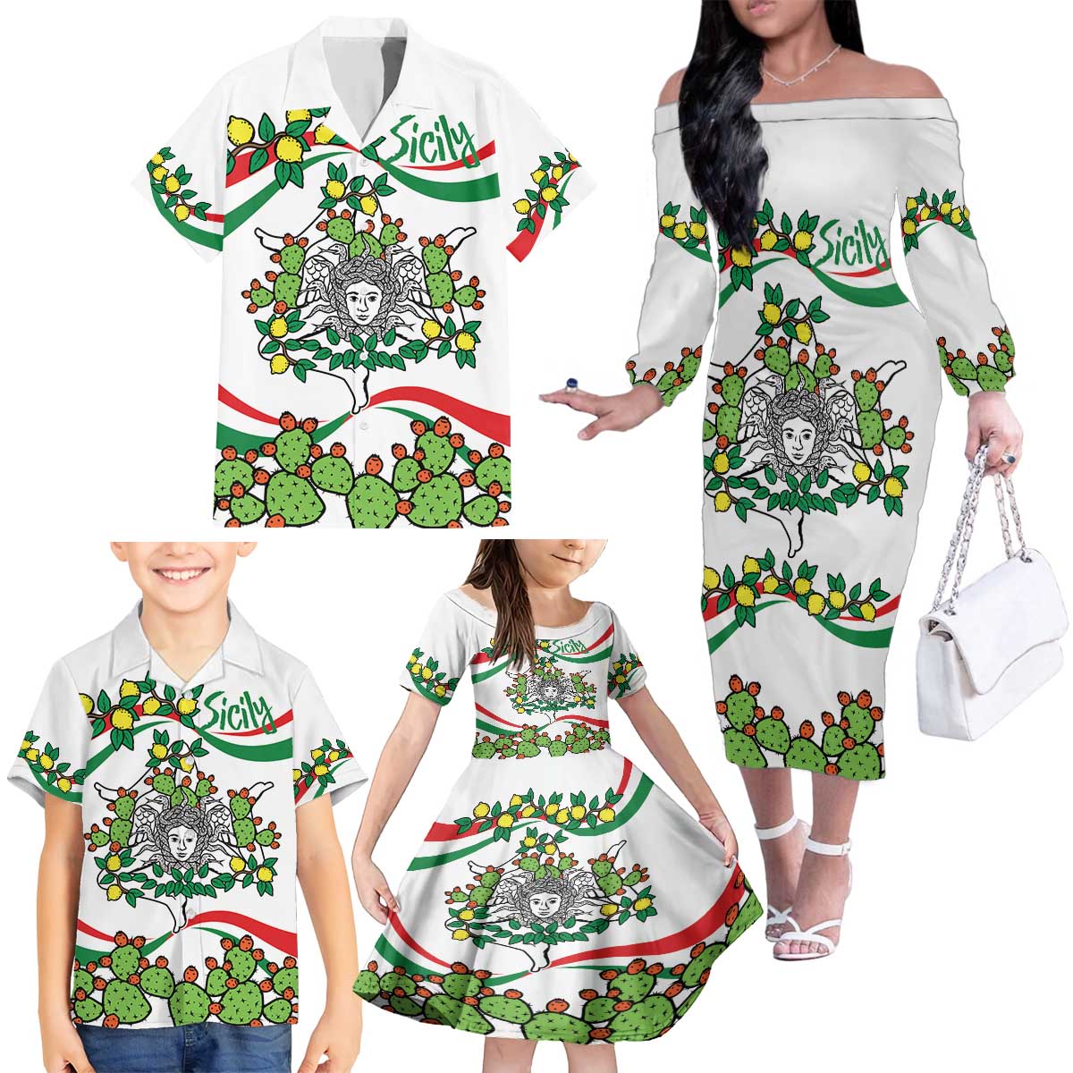 Sicilian Triskelion Family Matching Off The Shoulder Long Sleeve Dress and Hawaiian Shirt with Cactus and Lemons - Wonder Print Shop