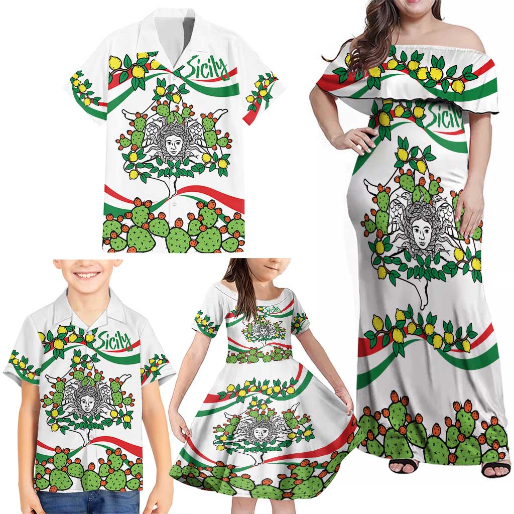 Sicilian Triskelion Family Matching Off Shoulder Maxi Dress and Hawaiian Shirt with Cactus and Lemons LT9 - Wonder Print Shop
