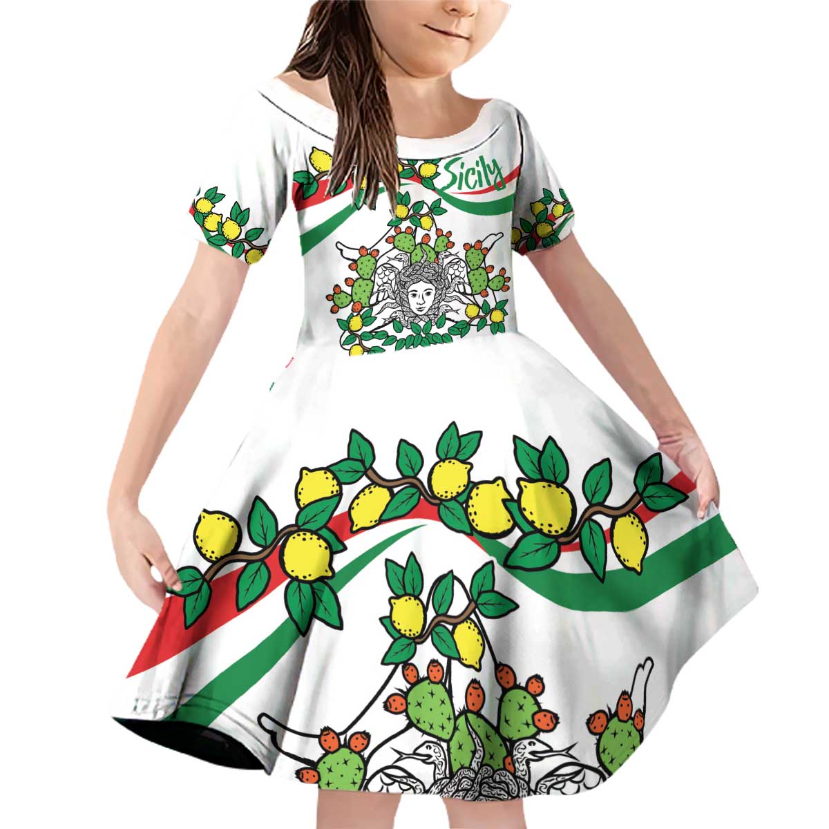 Sicilian Triskelion Family Matching Off Shoulder Short Dress and Hawaiian Shirt with Cactus and Lemons LT9 - Wonder Print Shop