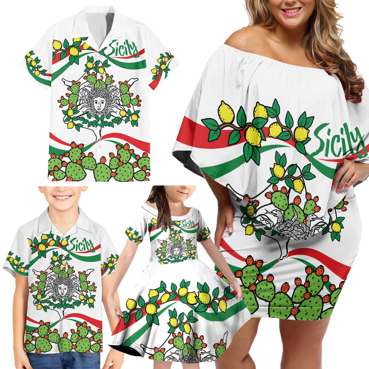 Sicilian Triskelion Family Matching Off Shoulder Short Dress and Hawaiian Shirt with Cactus and Lemons LT9 - Wonder Print Shop