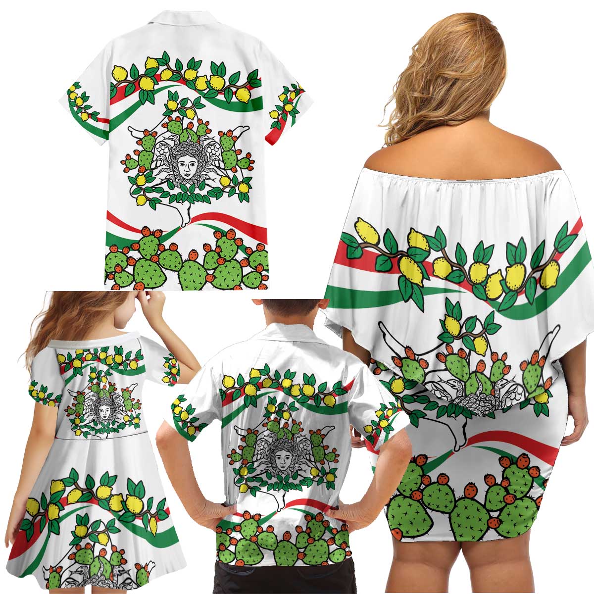 Sicilian Triskelion Family Matching Off Shoulder Short Dress and Hawaiian Shirt with Cactus and Lemons LT9 - Wonder Print Shop