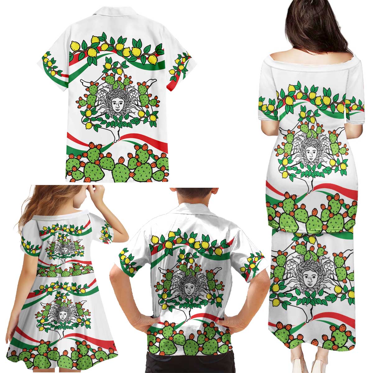 Sicilian Triskelion Family Matching Puletasi and Hawaiian Shirt with Cactus and Lemons - Wonder Print Shop