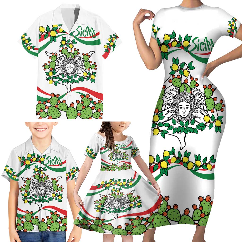Sicilian Triskelion Family Matching Short Sleeve Bodycon Dress and Hawaiian Shirt with Cactus and Lemons - Wonder Print Shop
