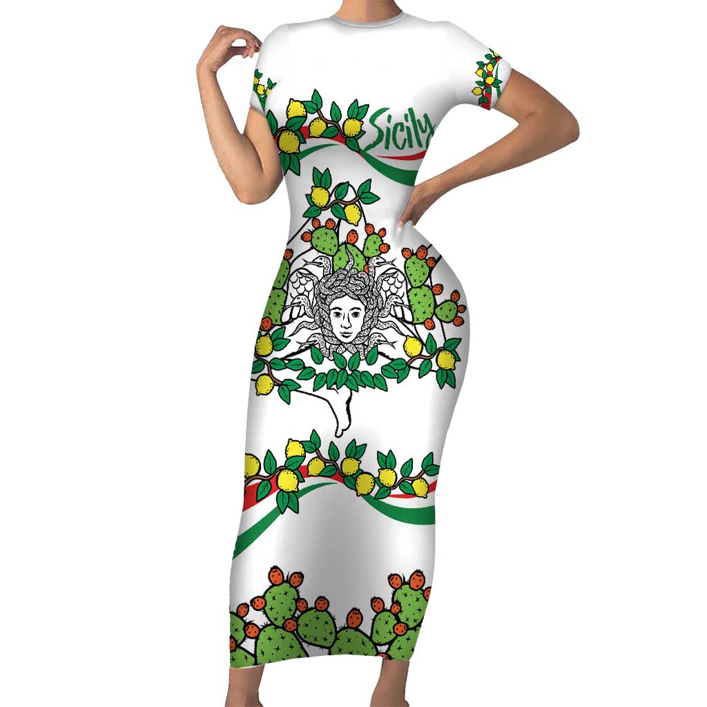 Sicilian Triskelion Family Matching Short Sleeve Bodycon Dress and Hawaiian Shirt with Cactus and Lemons - Wonder Print Shop