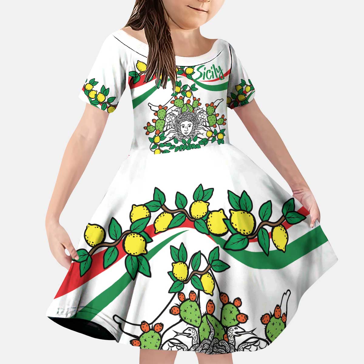 Sicilian Triskelion Kid Short Sleeve Dress with Cactus and Lemons - Wonder Print Shop