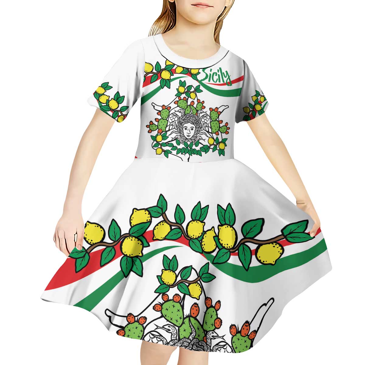 Sicilian Triskelion Kid Short Sleeve Dress with Cactus and Lemons - Wonder Print Shop