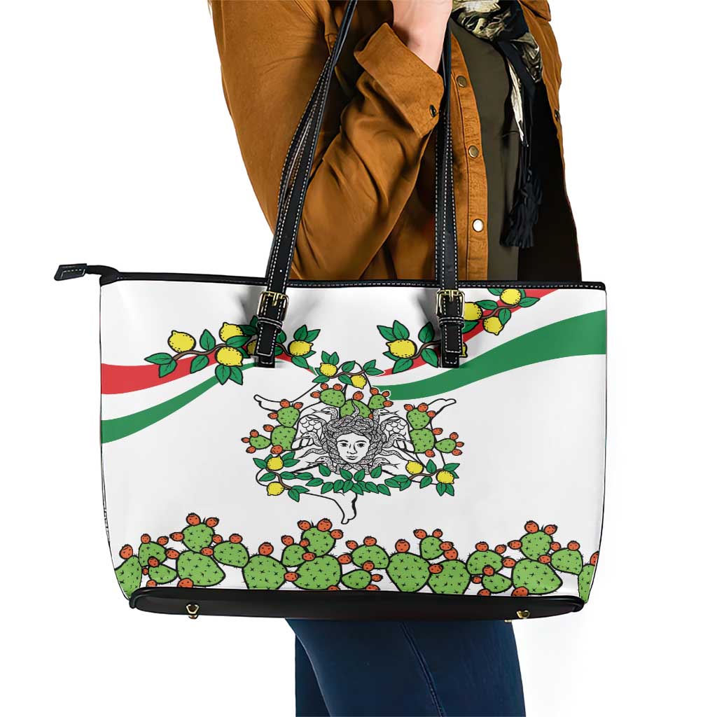 Sicilian Triskelion Leather Tote Bag with Cactus and Lemons - Wonder Print Shop