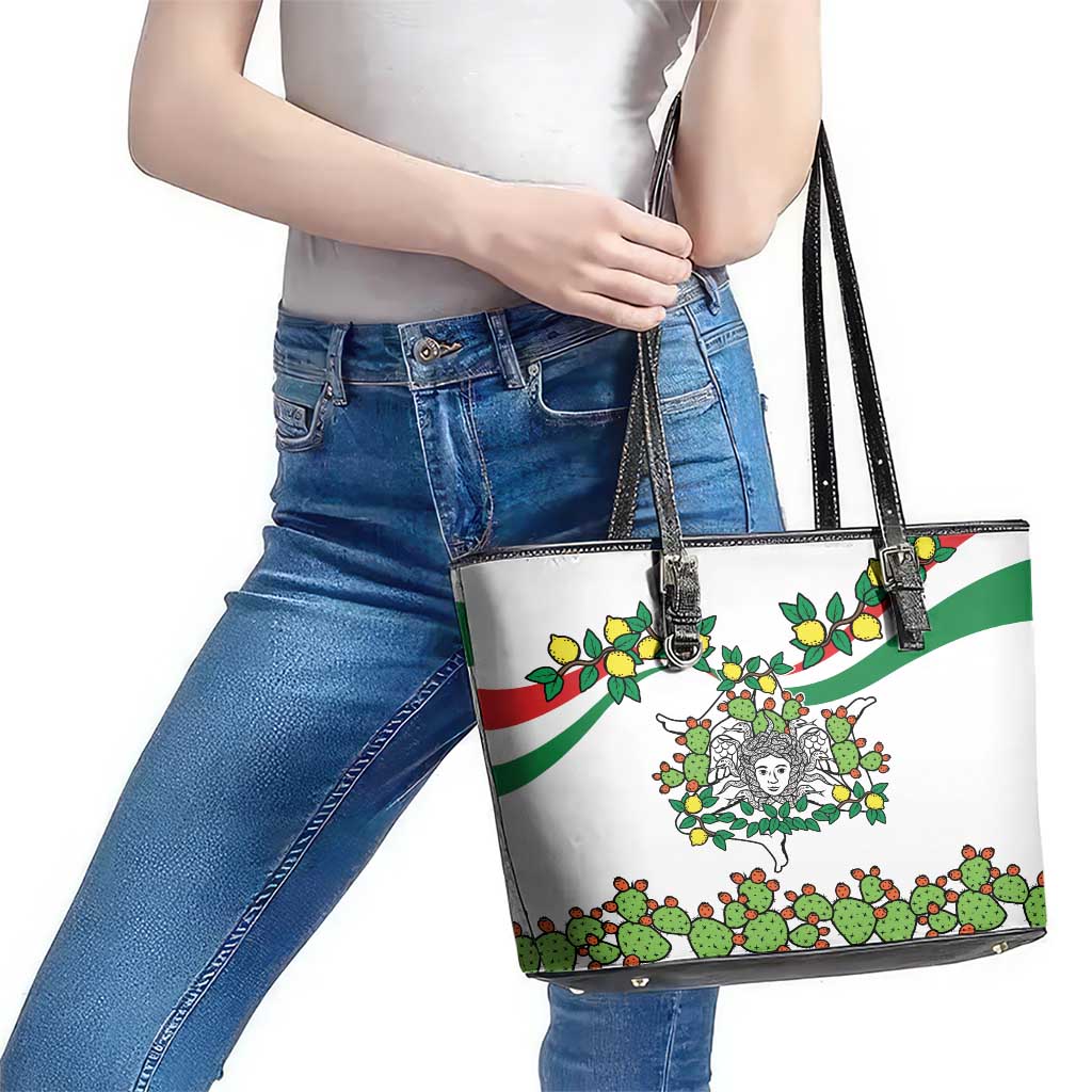 Sicilian Triskelion Leather Tote Bag with Cactus and Lemons - Wonder Print Shop
