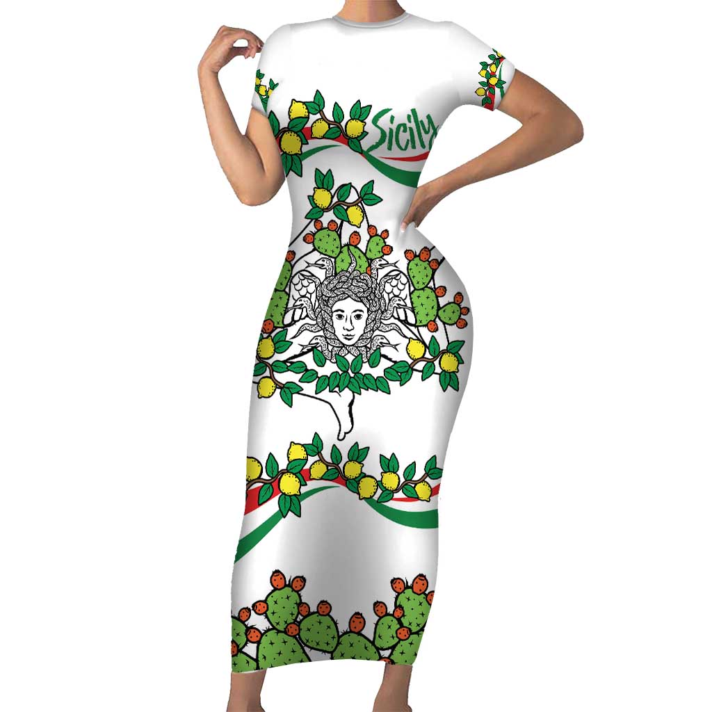 Sicilian Triskelion Short Sleeve Bodycon Dress with Cactus and Lemons - Wonder Print Shop