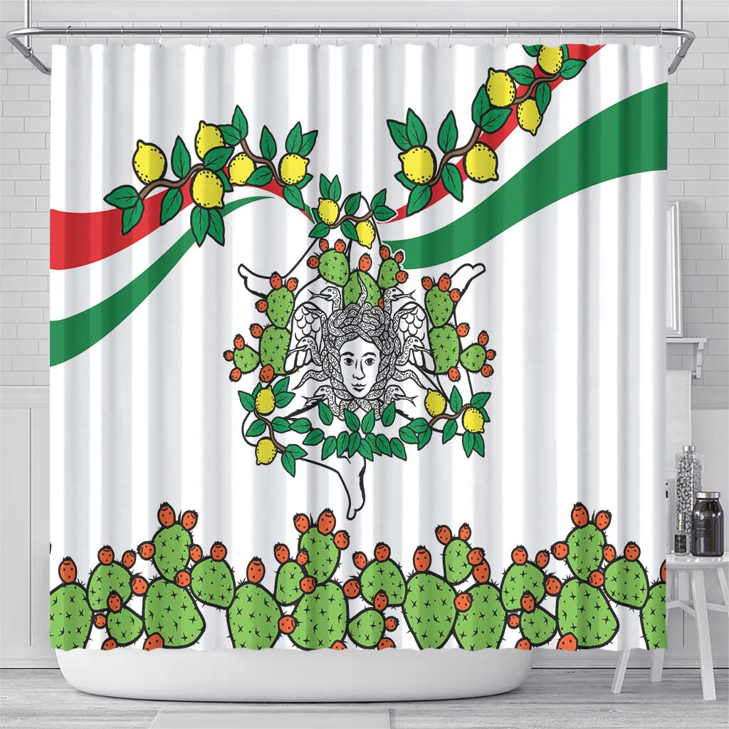 Sicilian Triskelion Shower Curtain with Cactus and Lemons