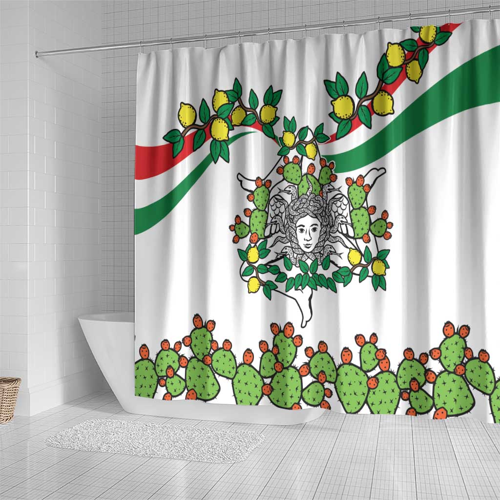 Sicilian Triskelion Shower Curtain with Cactus and Lemons