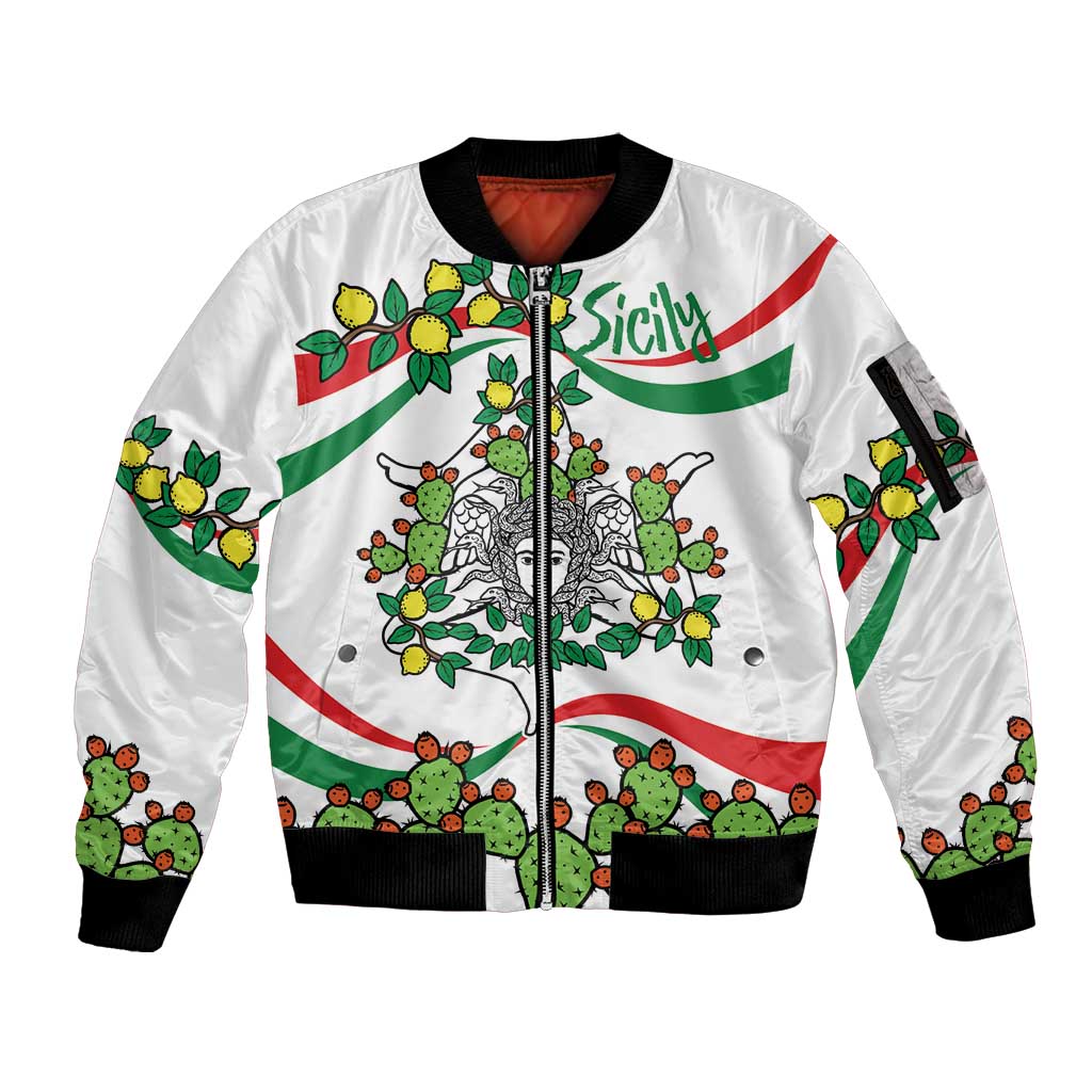Sicilian Triskelion Sleeve Zip Bomber Jacket with Cactus and Lemons - Wonder Print Shop