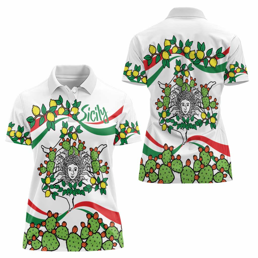 Sicilian Triskelion Women Polo Shirt with Cactus and Lemons - Wonder Print Shop