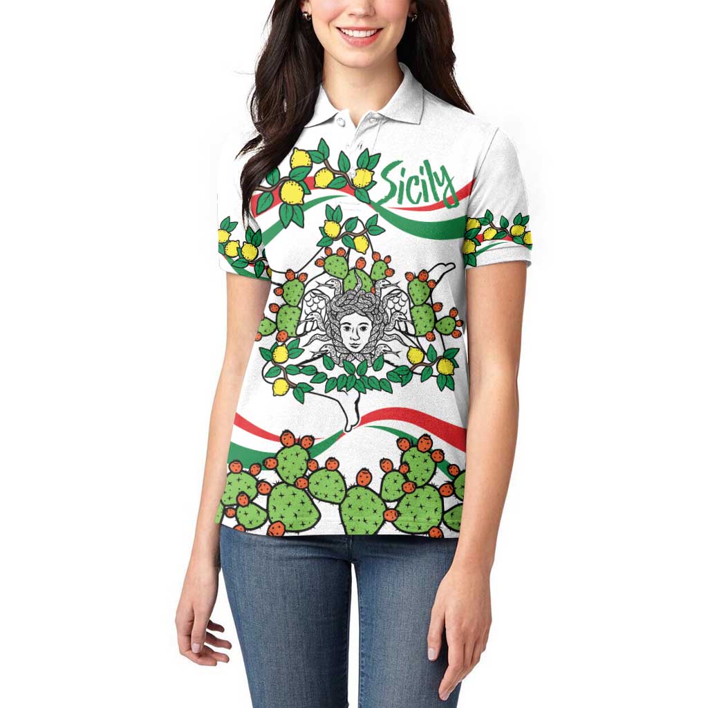 Sicilian Triskelion Women Polo Shirt with Cactus and Lemons - Wonder Print Shop