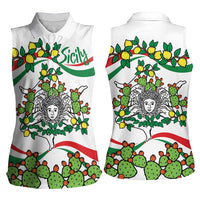 Sicilian Triskelion Women Sleeveless Polo Shirt with Cactus and Lemons - Wonder Print Shop