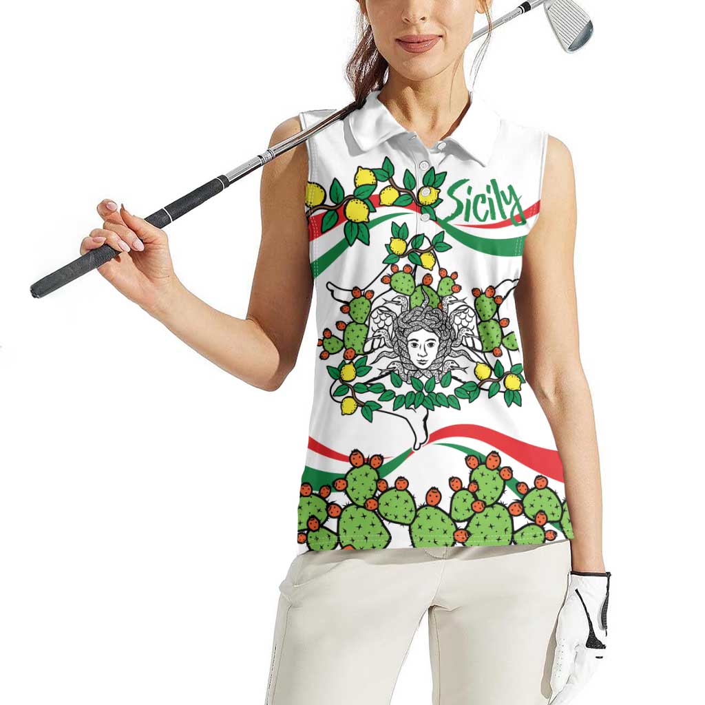 Sicilian Triskelion Women Sleeveless Polo Shirt with Cactus and Lemons - Wonder Print Shop