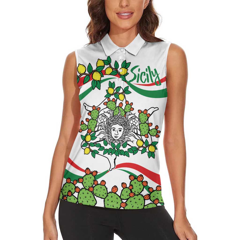 Sicilian Triskelion Women Sleeveless Polo Shirt with Cactus and Lemons - Wonder Print Shop