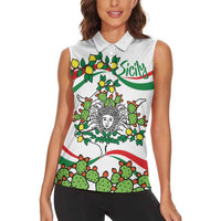 Sicilian Triskelion Women Sleeveless Polo Shirt with Cactus and Lemons - Wonder Print Shop