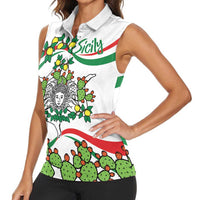 Sicilian Triskelion Women Sleeveless Polo Shirt with Cactus and Lemons - Wonder Print Shop