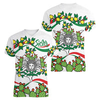 Sicilian Triskelion Women V-Neck T-Shirt with Cactus and Lemons - Wonder Print Shop