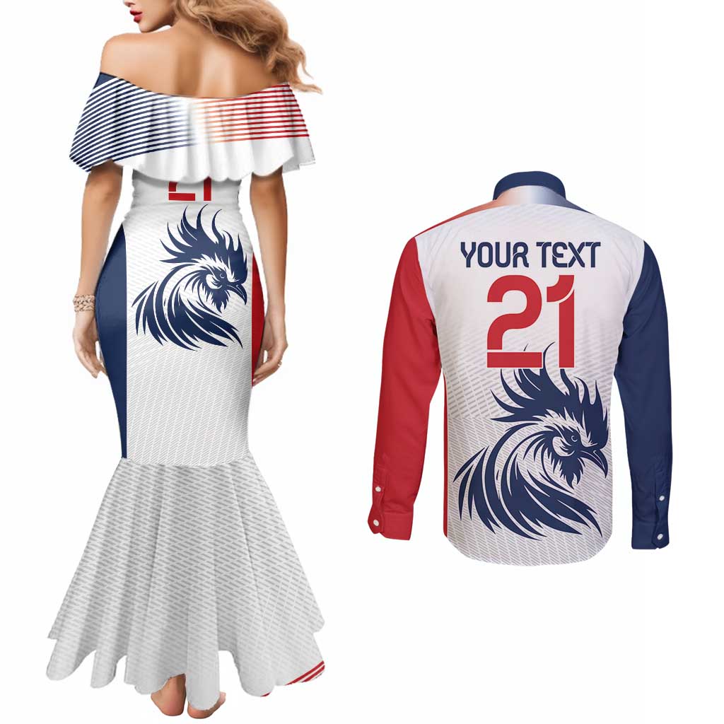 Custom France Football Couples Matching Mermaid Dress and Long Sleeve Button Shirt Les Bleus Rooster Sporty Style