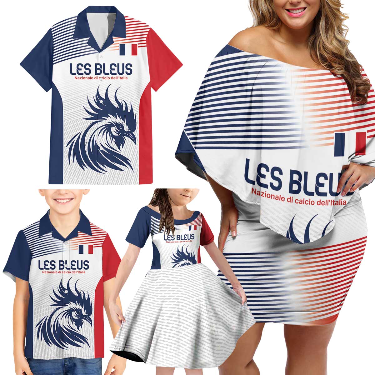 Custom France Football Family Matching Off Shoulder Short Dress and Hawaiian Shirt Les Bleus Rooster Sporty Style LT9 - Wonder Print Shop