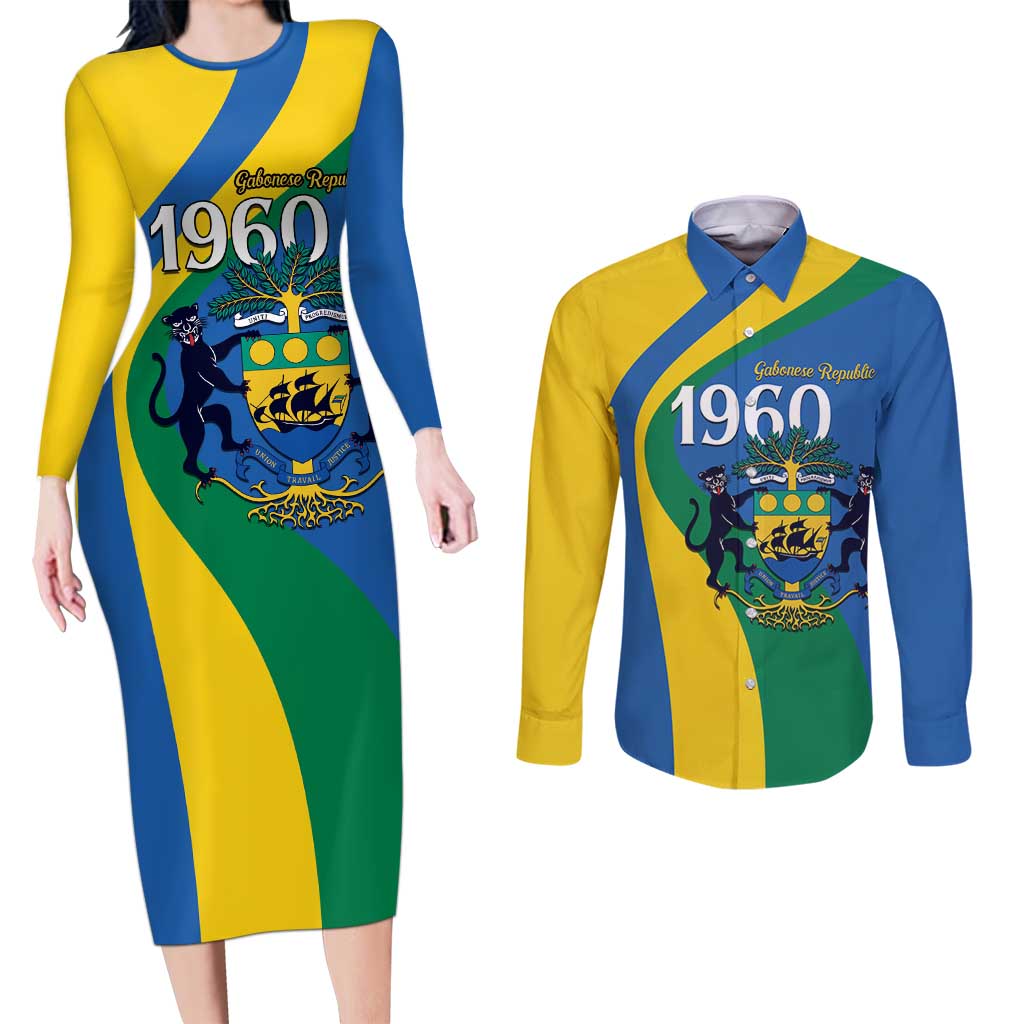 Personalized Gabon Independence Day 1960 Couples Matching Long Sleeve Bodycon Dress and Long Sleeve Button Shirt Gabonaise Coat of Arms - Wonder Print Shop