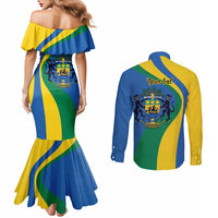 Personalized Gabon Independence Day 1960 Couples Matching Mermaid Dress and Long Sleeve Button Shirt Gabonaise Coat of Arms - Wonder Print Shop