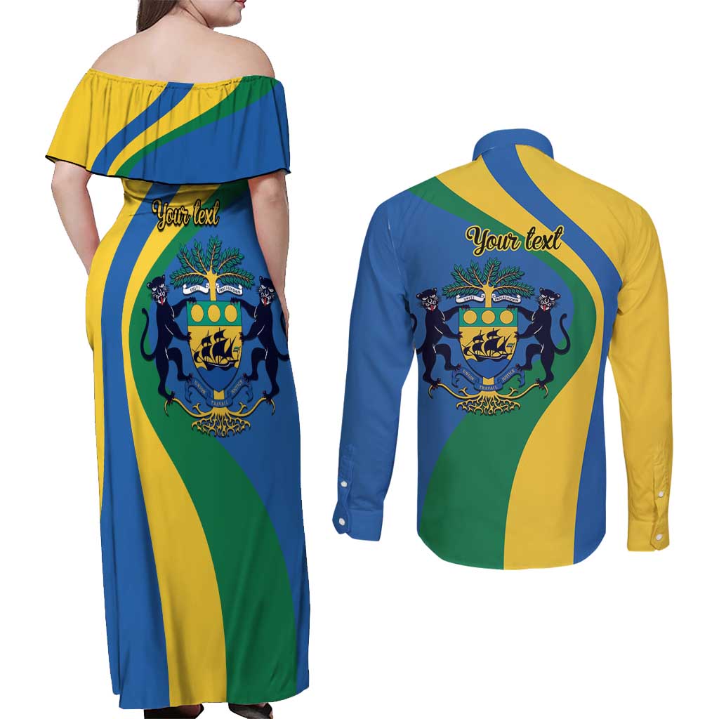 Personalized Gabon Independence Day 1960 Couples Matching Off Shoulder Maxi Dress and Long Sleeve Button Shirt Gabonaise Coat of Arms - Wonder Print Shop