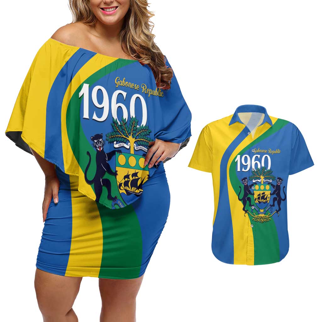 Personalized Gabon Independence Day 1960 Couples Matching Off Shoulder Short Dress and Hawaiian Shirt Gabonaise Coat of Arms - Wonder Print Shop