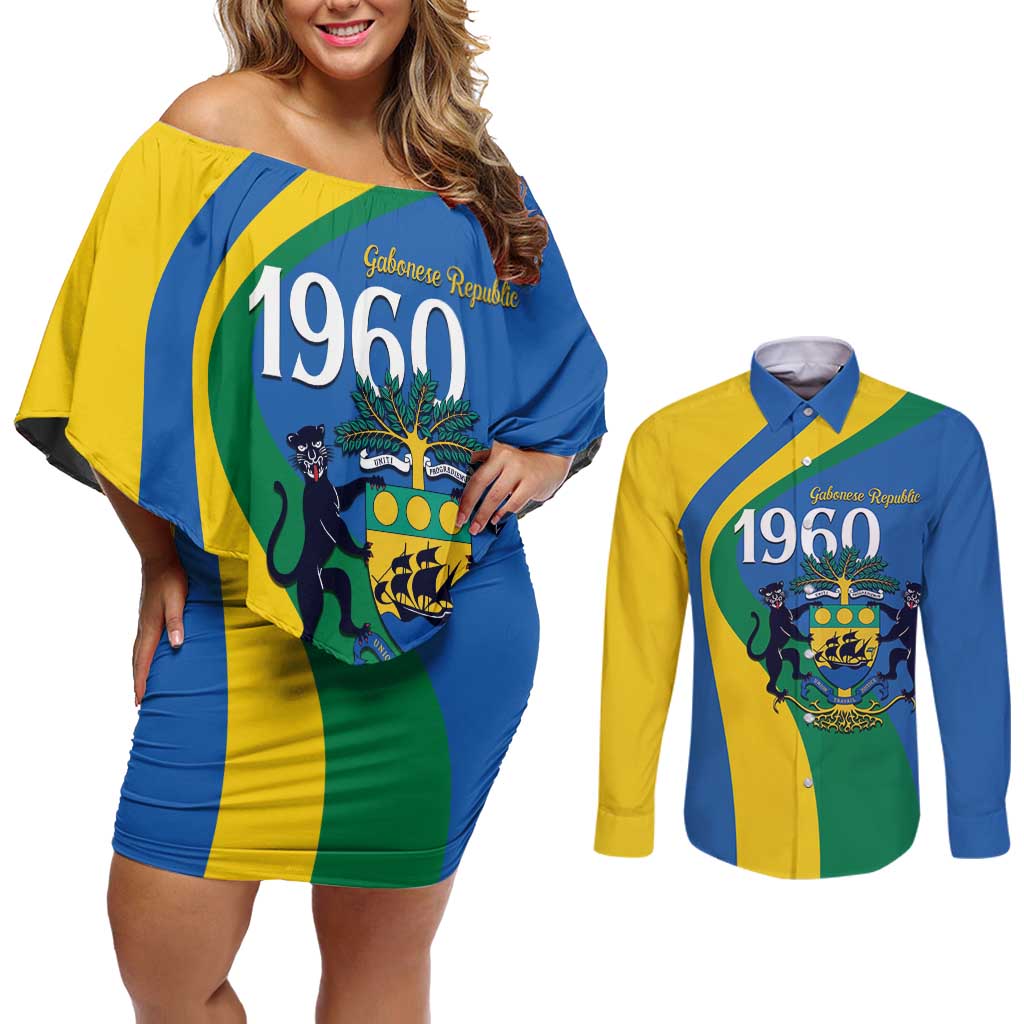 Personalized Gabon Independence Day 1960 Couples Matching Off Shoulder Short Dress and Long Sleeve Button Shirt Gabonaise Coat of Arms - Wonder Print Shop