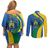 Personalized Gabon Independence Day 1960 Couples Matching Off Shoulder Short Dress and Long Sleeve Button Shirt Gabonaise Coat of Arms - Wonder Print Shop