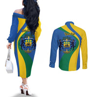 Personalized Gabon Independence Day 1960 Couples Matching Off The Shoulder Long Sleeve Dress and Long Sleeve Button Shirt Gabonaise Coat of Arms - Wonder Print Shop