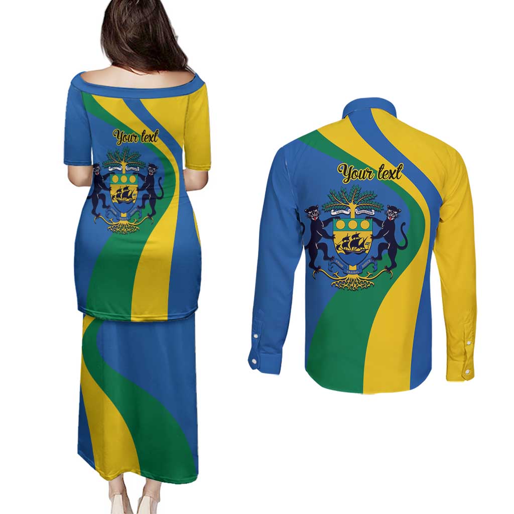 Personalized Gabon Independence Day 1960 Couples Matching Puletasi and Long Sleeve Button Shirt Gabonaise Coat of Arms - Wonder Print Shop