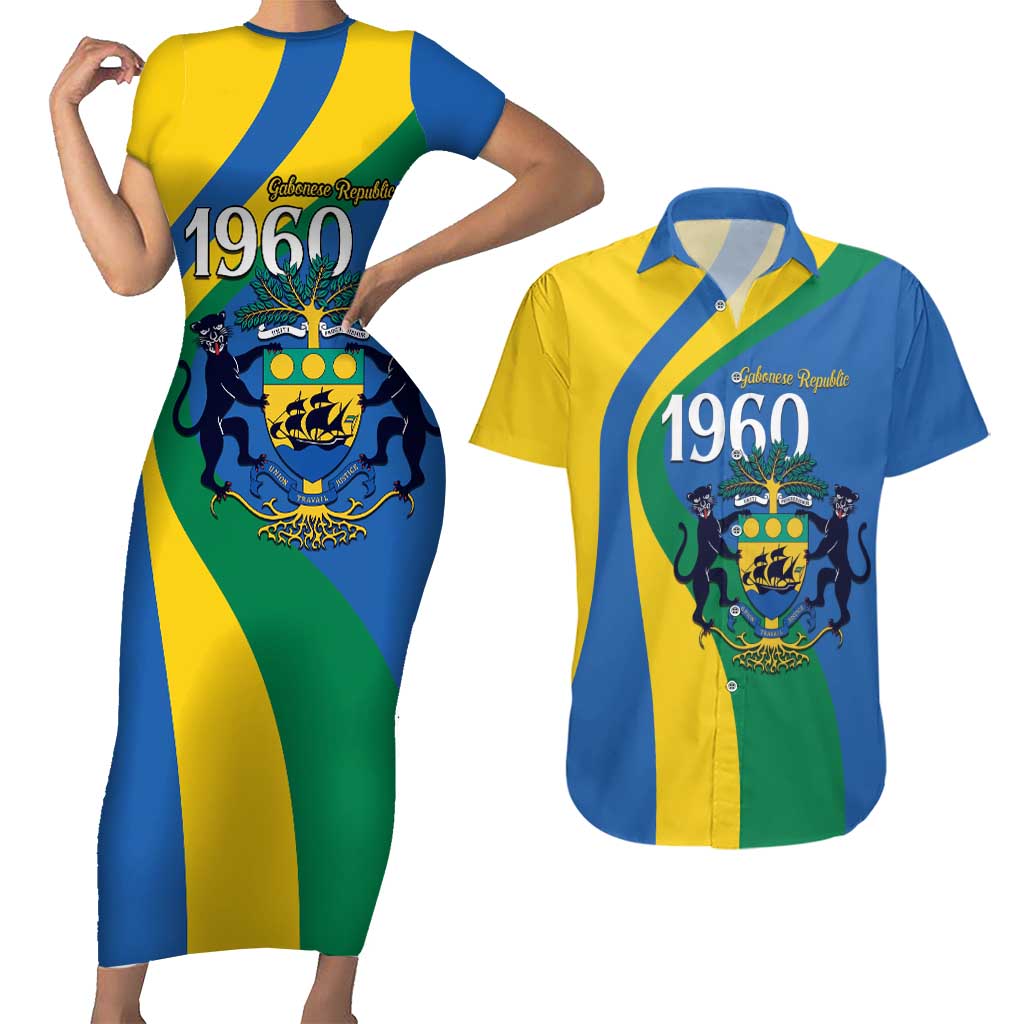 Personalized Gabon Independence Day 1960 Couples Matching Short Sleeve Bodycon Dress and Hawaiian Shirt Gabonaise Coat of Arms - Wonder Print Shop