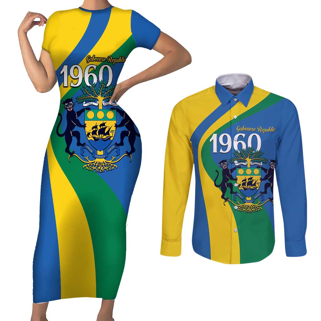 Personalized Gabon Independence Day 1960 Couples Matching Short Sleeve Bodycon Dress and Long Sleeve Button Shirt Gabonaise Coat of Arms - Wonder Print Shop