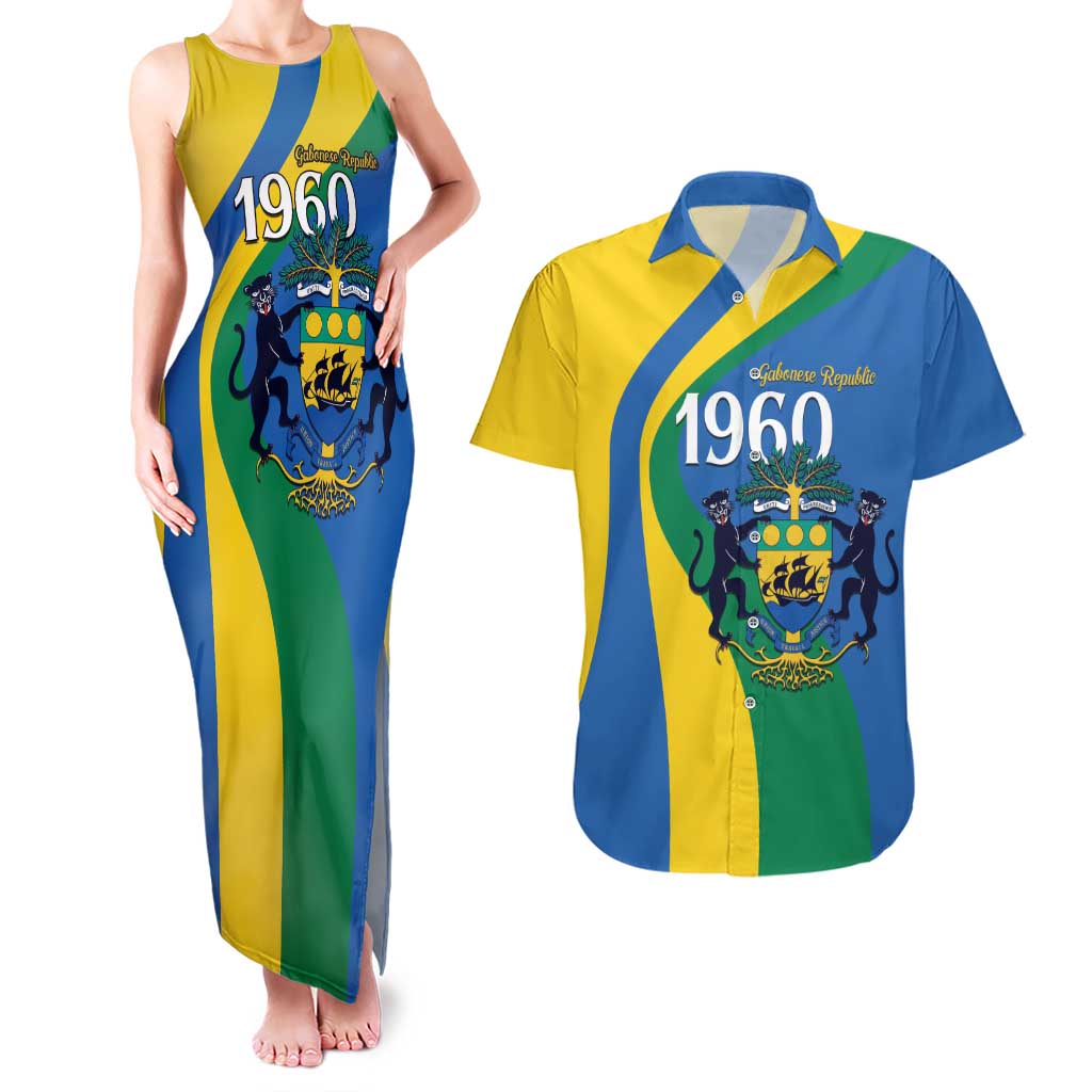 Personalized Gabon Independence Day 1960 Couples Matching Tank Maxi Dress and Hawaiian Shirt Gabonaise Coat of Arms - Wonder Print Shop