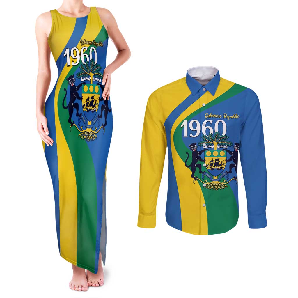 Personalized Gabon Independence Day 1960 Couples Matching Tank Maxi Dress and Long Sleeve Button Shirt Gabonaise Coat of Arms - Wonder Print Shop
