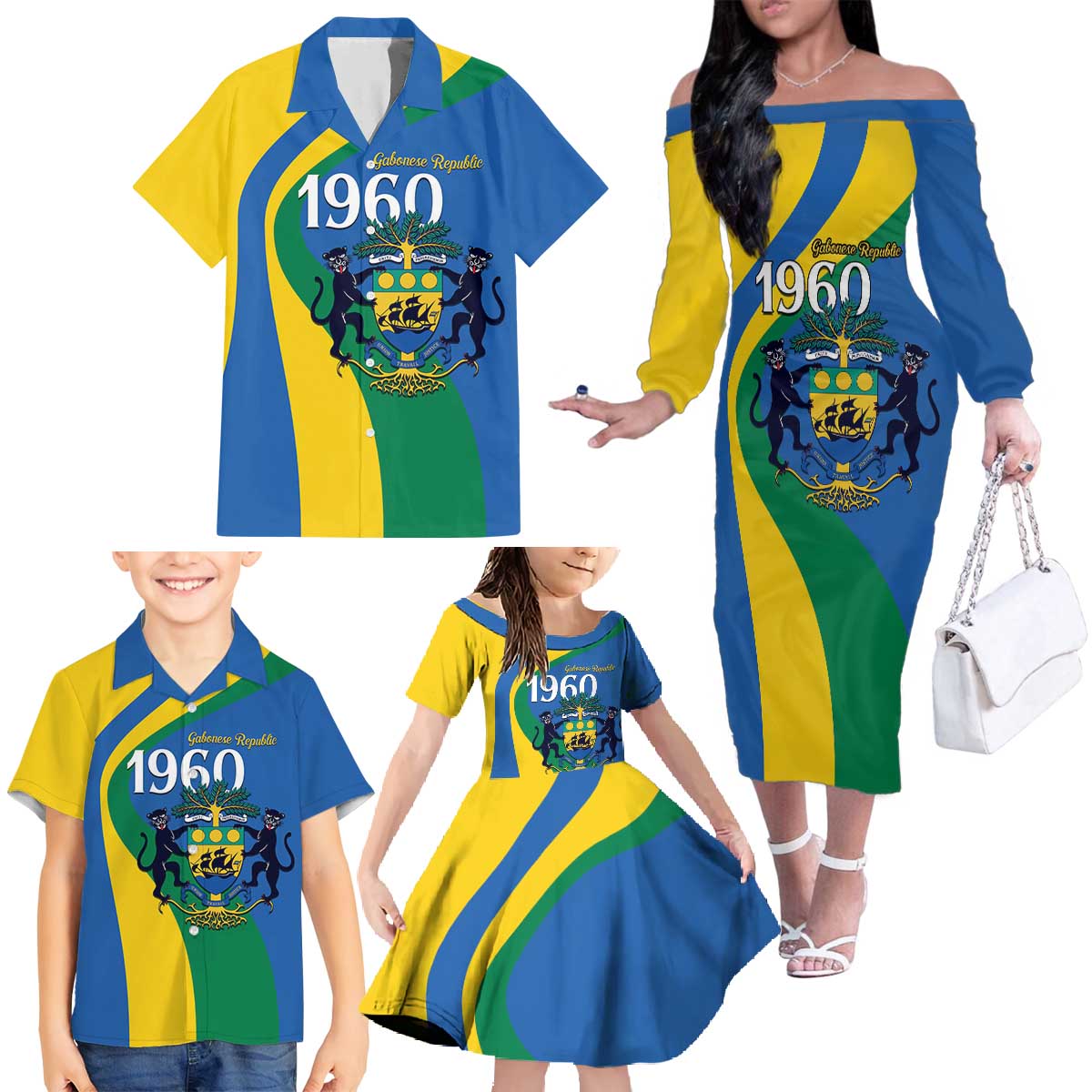 Personalized Gabon Independence Day 1960 Family Matching Off The Shoulder Long Sleeve Dress and Hawaiian Shirt Gabonaise Coat of Arms - Wonder Print Shop