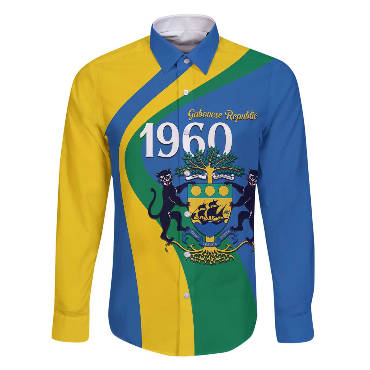 Personalized Gabon Independence Day 1960 Family Matching Off The Shoulder Long Sleeve Dress and Hawaiian Shirt Gabonaise Coat of Arms - Wonder Print Shop