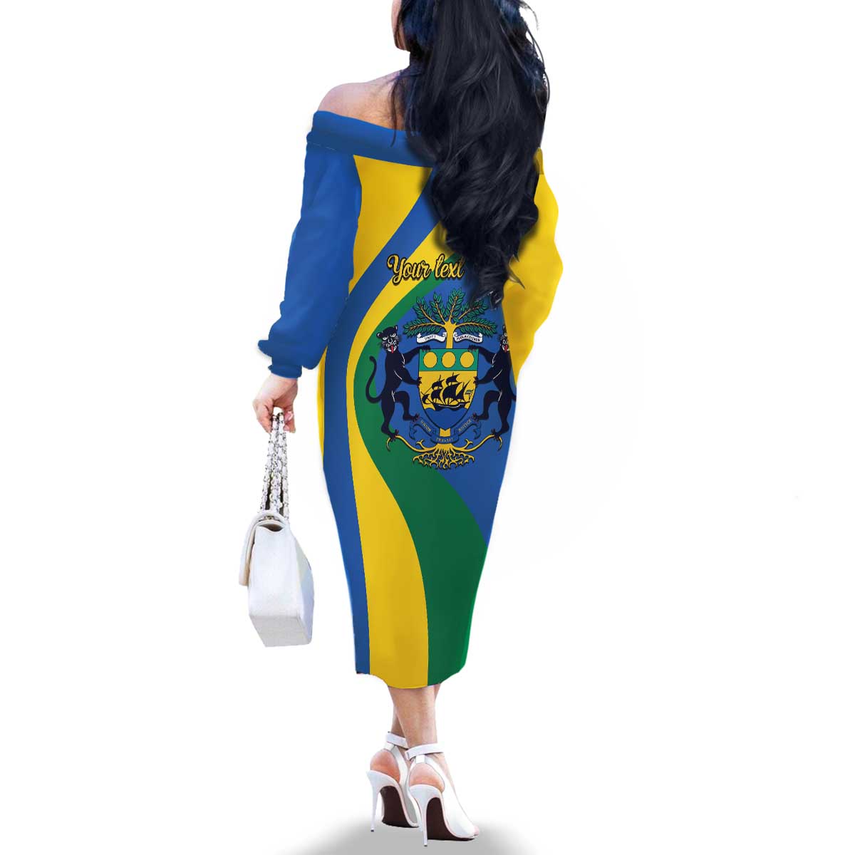 Personalized Gabon Independence Day 1960 Family Matching Off The Shoulder Long Sleeve Dress and Hawaiian Shirt Gabonaise Coat of Arms - Wonder Print Shop