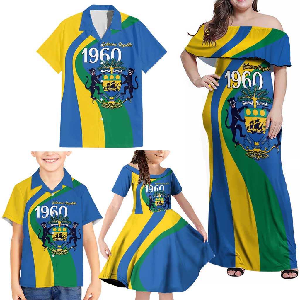 Personalized Gabon Independence Day 1960 Family Matching Off Shoulder Maxi Dress and Hawaiian Shirt Gabonaise Coat of Arms - Wonder Print Shop