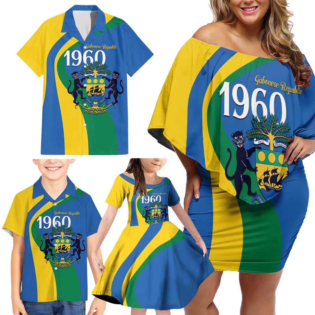 Personalized Gabon Independence Day 1960 Family Matching Off Shoulder Short Dress and Hawaiian Shirt Gabonaise Coat of Arms - Wonder Print Shop