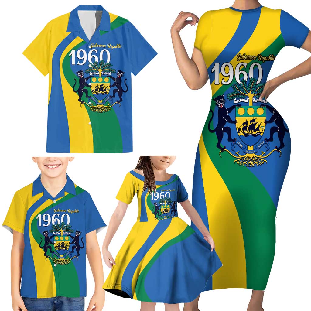 Personalized Gabon Independence Day 1960 Family Matching Short Sleeve Bodycon Dress and Hawaiian Shirt Gabonaise Coat of Arms - Wonder Print Shop
