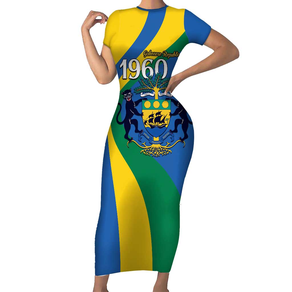 Personalized Gabon Independence Day 1960 Family Matching Short Sleeve Bodycon Dress and Hawaiian Shirt Gabonaise Coat of Arms - Wonder Print Shop