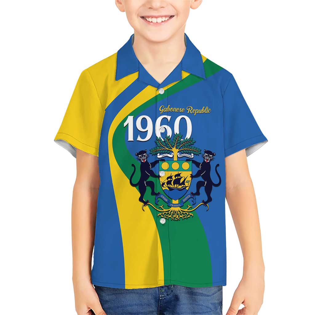 Personalized Gabon Independence Day 1960 Family Matching Short Sleeve Bodycon Dress and Hawaiian Shirt Gabonaise Coat of Arms - Wonder Print Shop