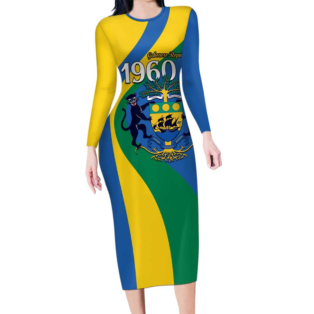 Personalized Gabon Independence Day 1960 Long Sleeve Bodycon Dress Gabonaise Coat of Arms - Wonder Print Shop