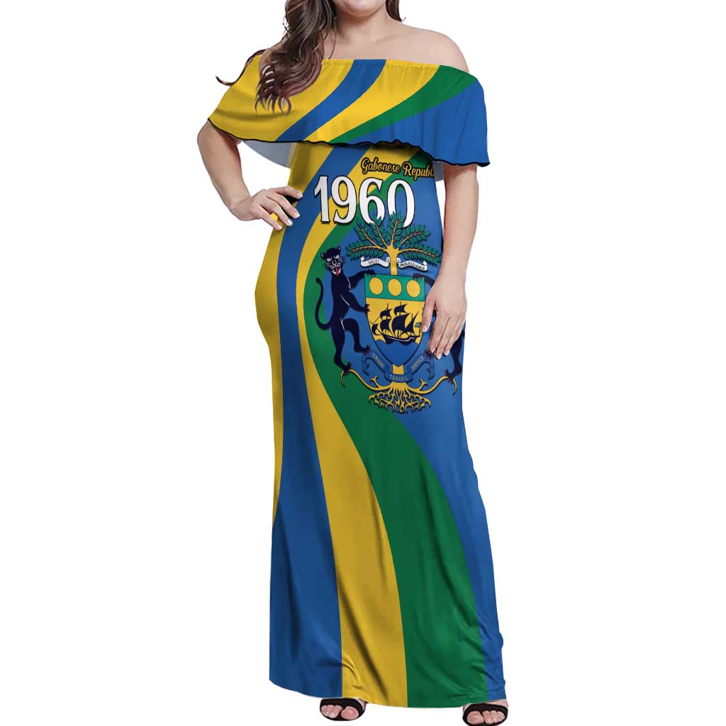 Personalized Gabon Independence Day 1960 Off Shoulder Maxi Dress Gabonaise Coat of Arms - Wonder Print Shop