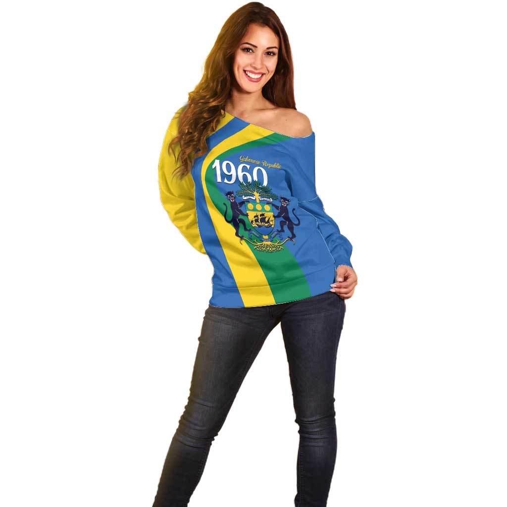 Personalized Gabon Independence Day 1960 Off Shoulder Sweater Gabonaise Coat of Arms - Wonder Print Shop