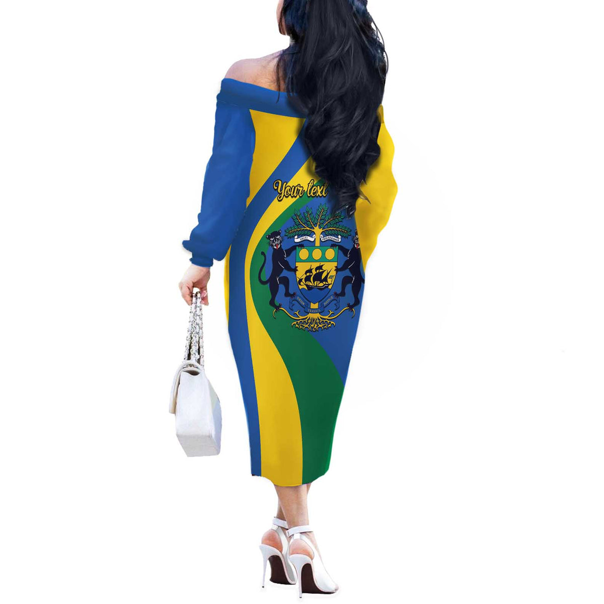 Personalized Gabon Independence Day 1960 Off The Shoulder Long Sleeve Dress Gabonaise Coat of Arms - Wonder Print Shop